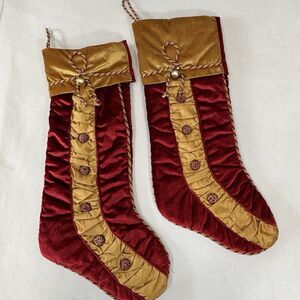 Vintage VILLA BACCI Christmas Stocking Red Gold Satin Buttons and Jingle Bells